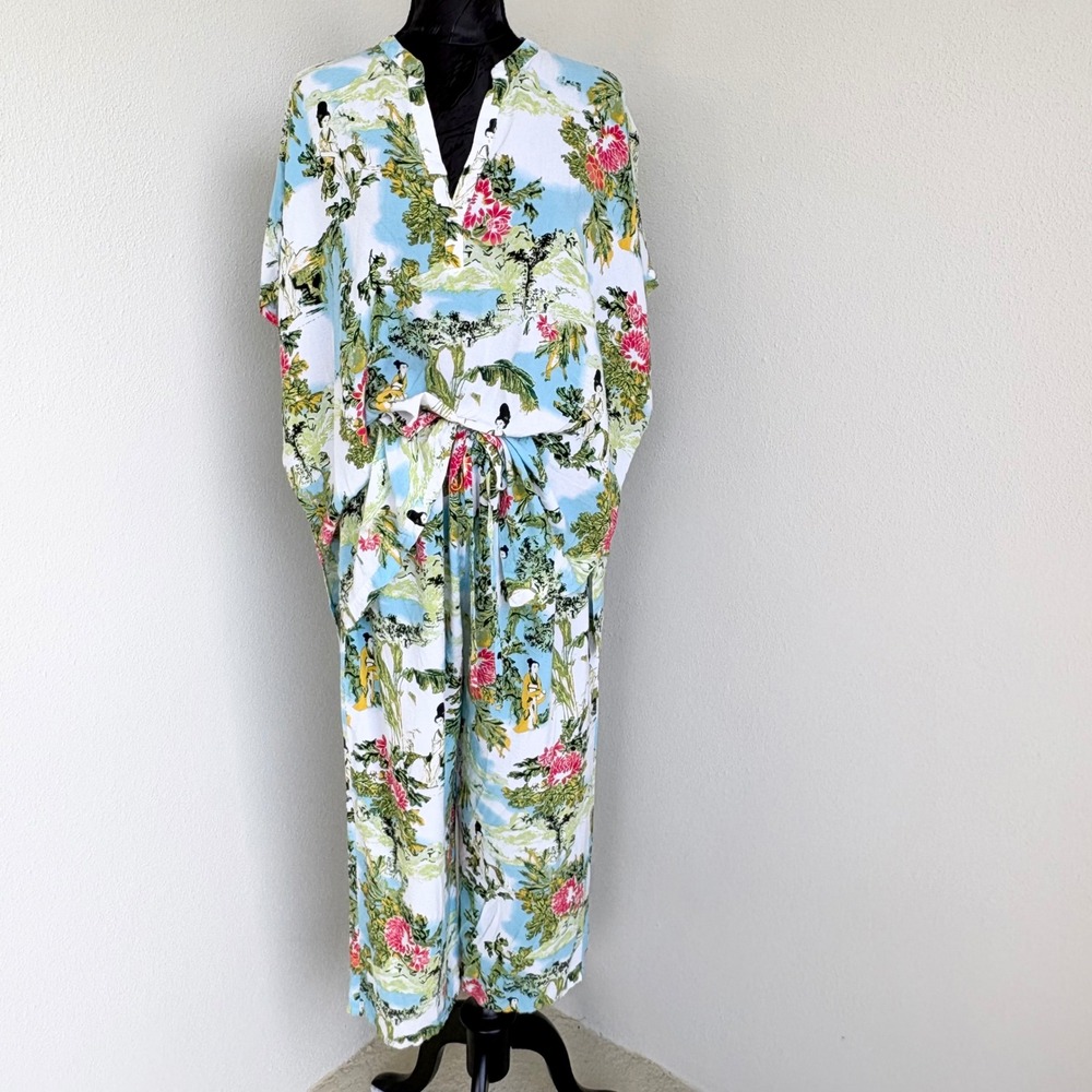 Natori Landscape Print Pajama Set Womens XL Blue Multi Oriental
